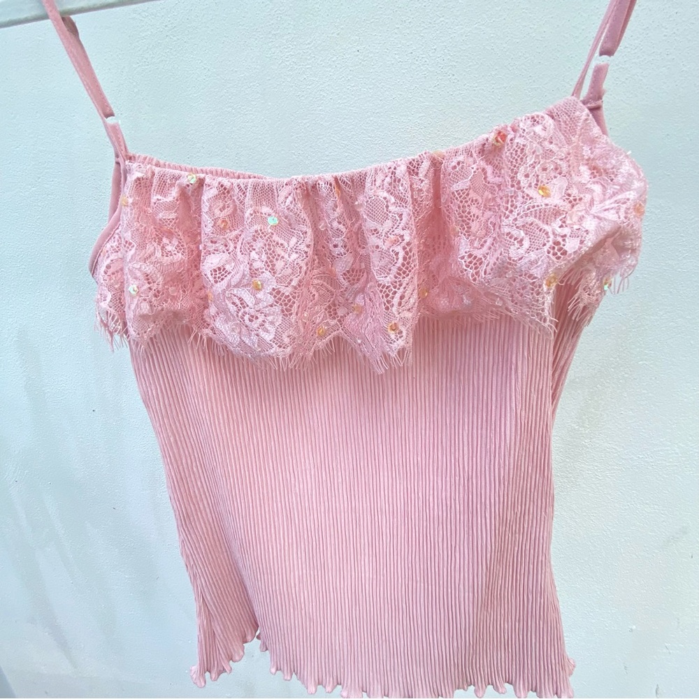 Y2K Baby Pink Pleats & Lace Sequin Fairy Tank Top Size Small